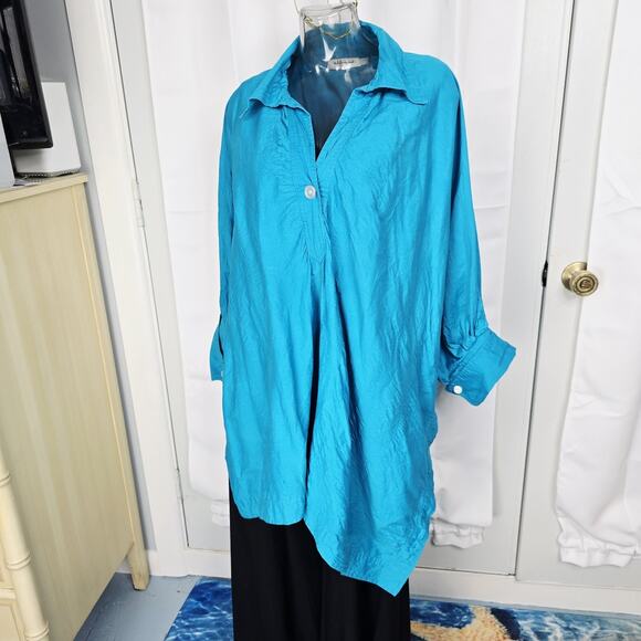 Dilemma Dhun Shroff Turquoise Art-To-Wear Textured Cotton Blend Shirt Lagenlook - Picture 1 of 13